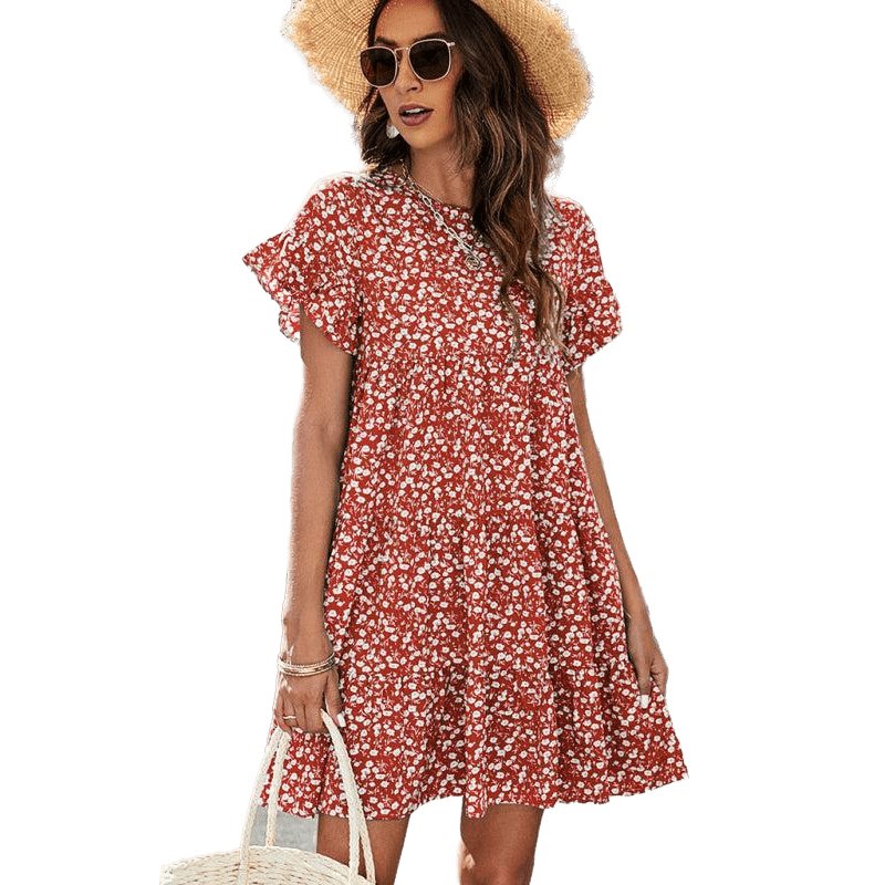 Woven Printed Round Neck Ruffle Sleeve Loose Dress - www.SharpDuds.com