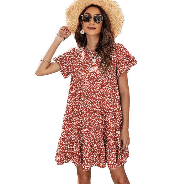 Woven Printed Round Neck Ruffle Sleeve Loose Dress - www.SharpDuds.com