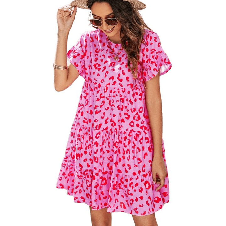 Woven Printed Round Neck Ruffle Sleeve Loose Dress - www.SharpDuds.com