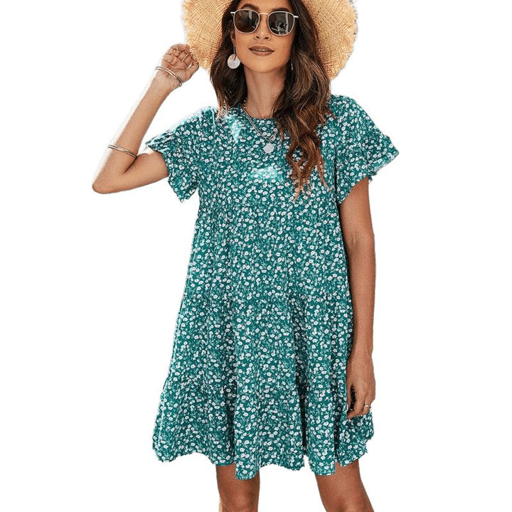 Woven Printed Round Neck Ruffle Sleeve Loose Dress - www.SharpDuds.com