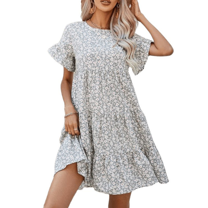 Woven Printed Round Neck Ruffle Sleeve Loose Dress - www.SharpDuds.com