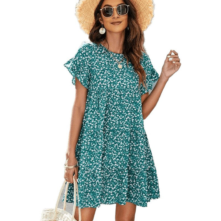 Woven Printed Round Neck Ruffle Sleeve Loose Dress - www.SharpDuds.com