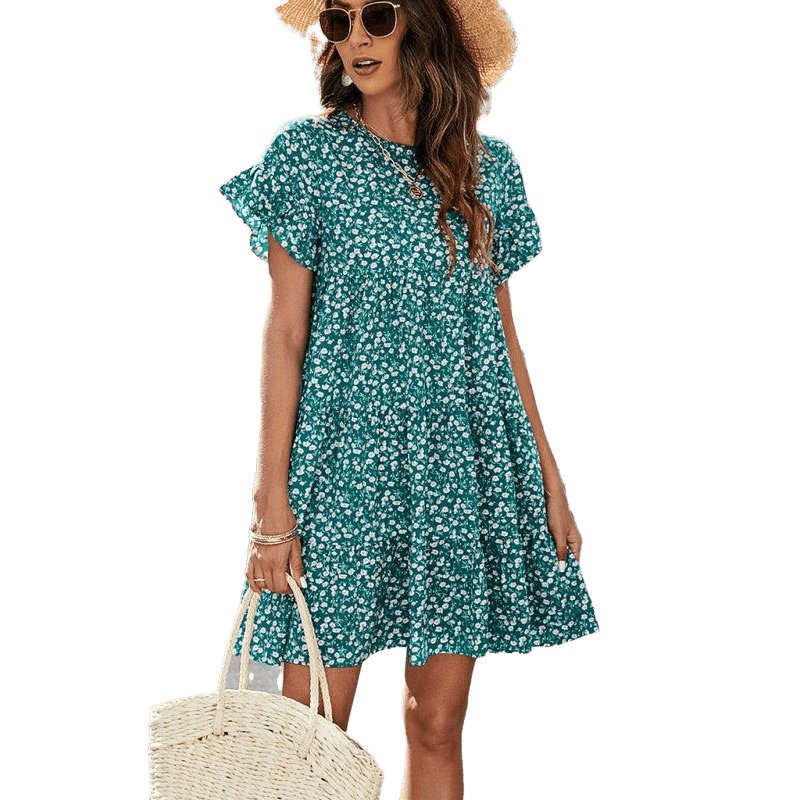 Woven Printed Round Neck Ruffle Sleeve Loose Dress - www.SharpDuds.com