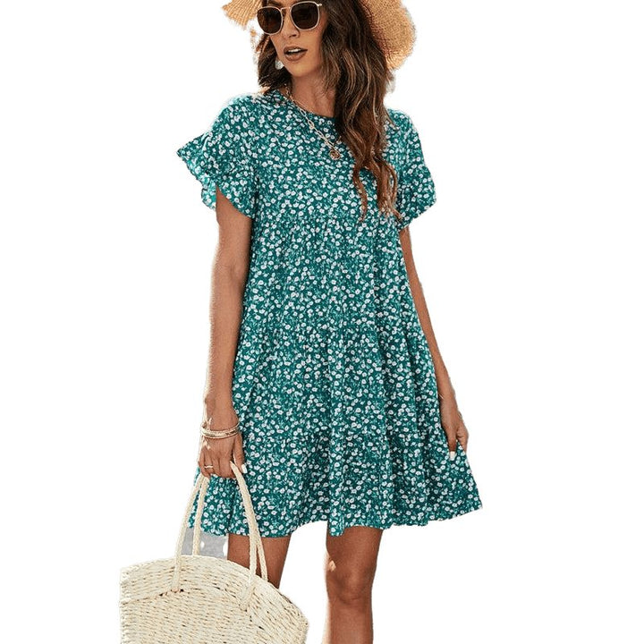 Woven Printed Round Neck Ruffle Sleeve Loose Dress - www.SharpDuds.com