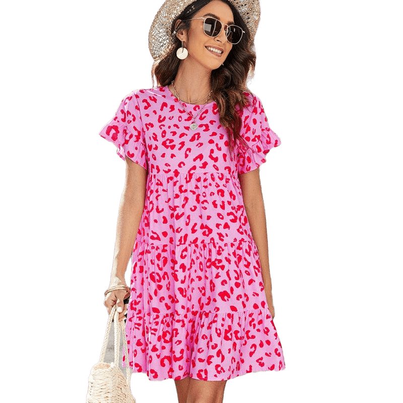 Woven Printed Round Neck Ruffle Sleeve Loose Dress - www.SharpDuds.com