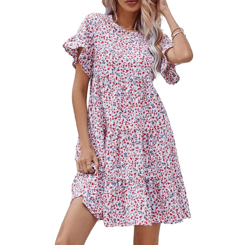 Woven Printed Round Neck Ruffle Sleeve Loose Dress - www.SharpDuds.com