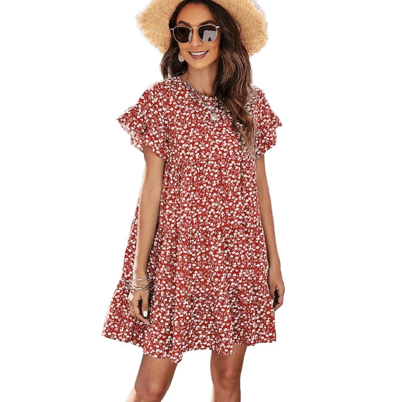 Woven Printed Round Neck Ruffle Sleeve Loose Dress - www.SharpDuds.com