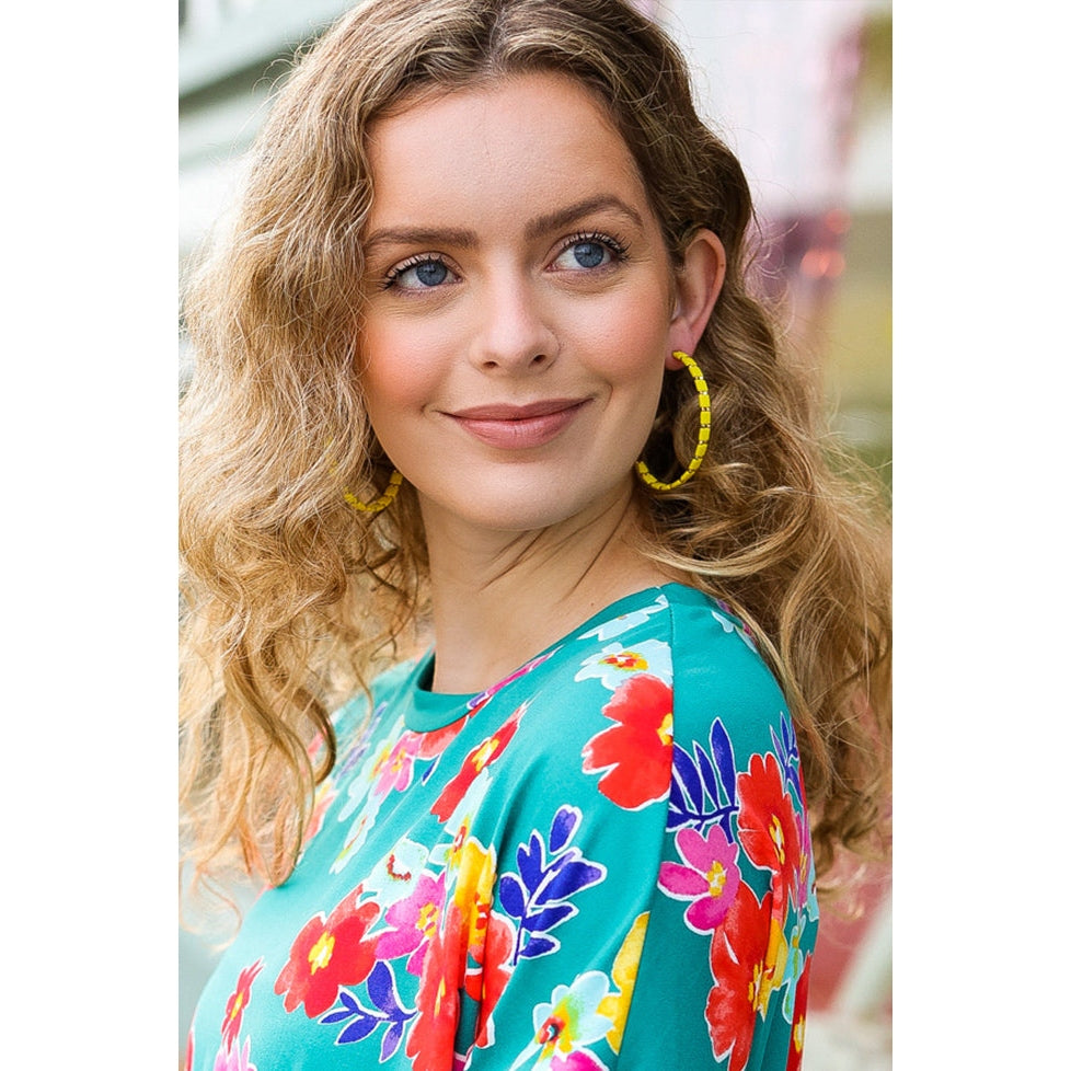 Canary Yellow Block Bead Open Hoop Earrings