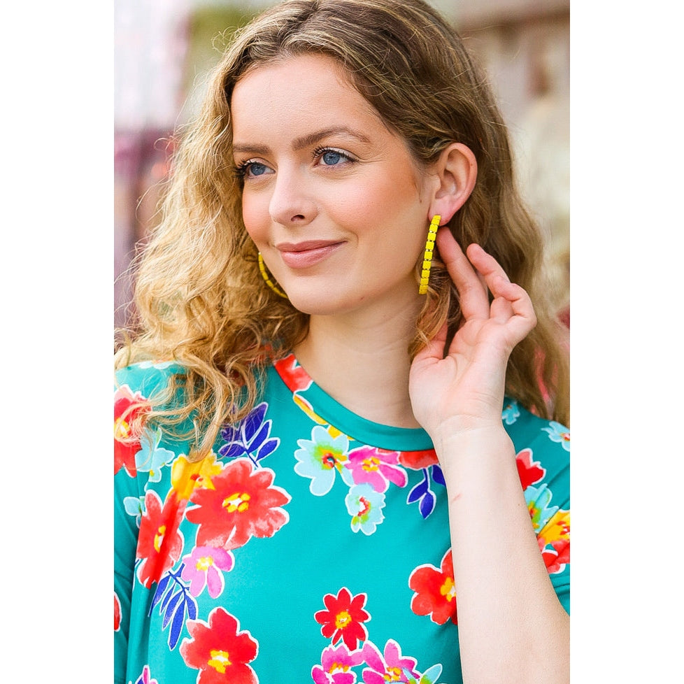 Canary Yellow Block Bead Open Hoop Earrings